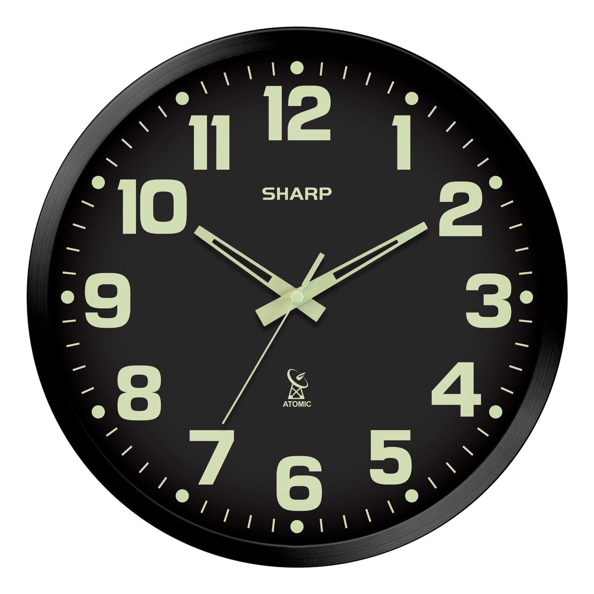 Sharp 12-inch atomic wall clock front view showing clear numerals and hands for easy reading