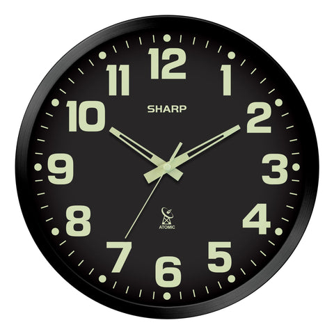 Sharp 12-inch atomic wall clock front view showing clear numerals and hands for easy reading