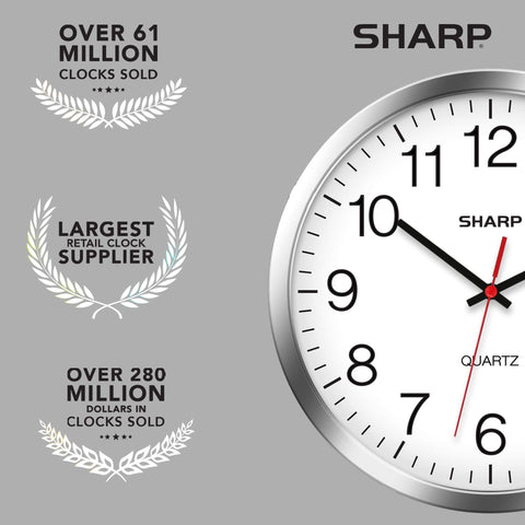 Sharp clock next to ruler showing 12-inch size for room-scale reference