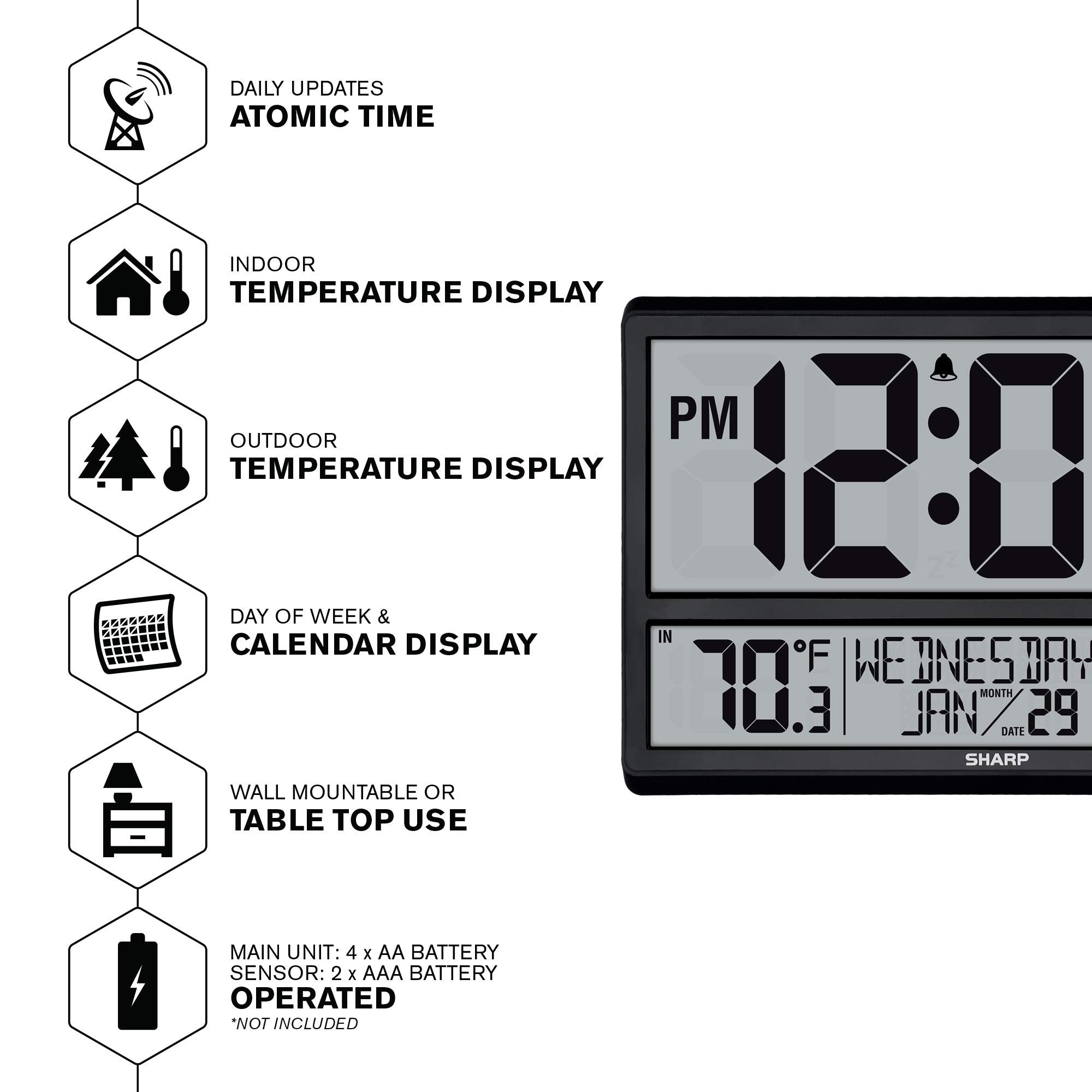 Sharp atomic clock rear view open battery compartment for easy battery changes