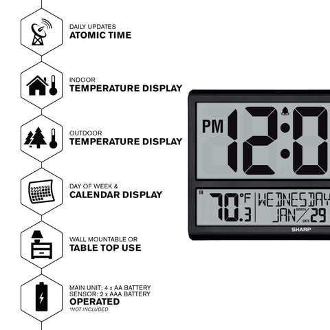 Sharp atomic clock rear view open battery compartment for easy battery changes