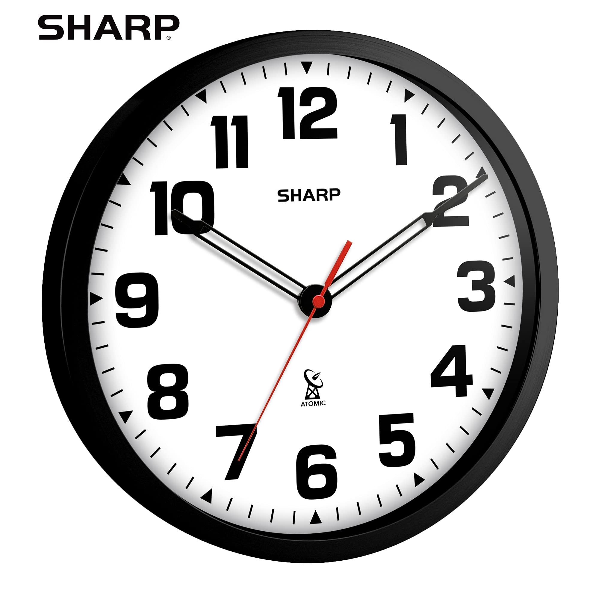 Sharp clock close-up of hands and numerals for quick, easy reading