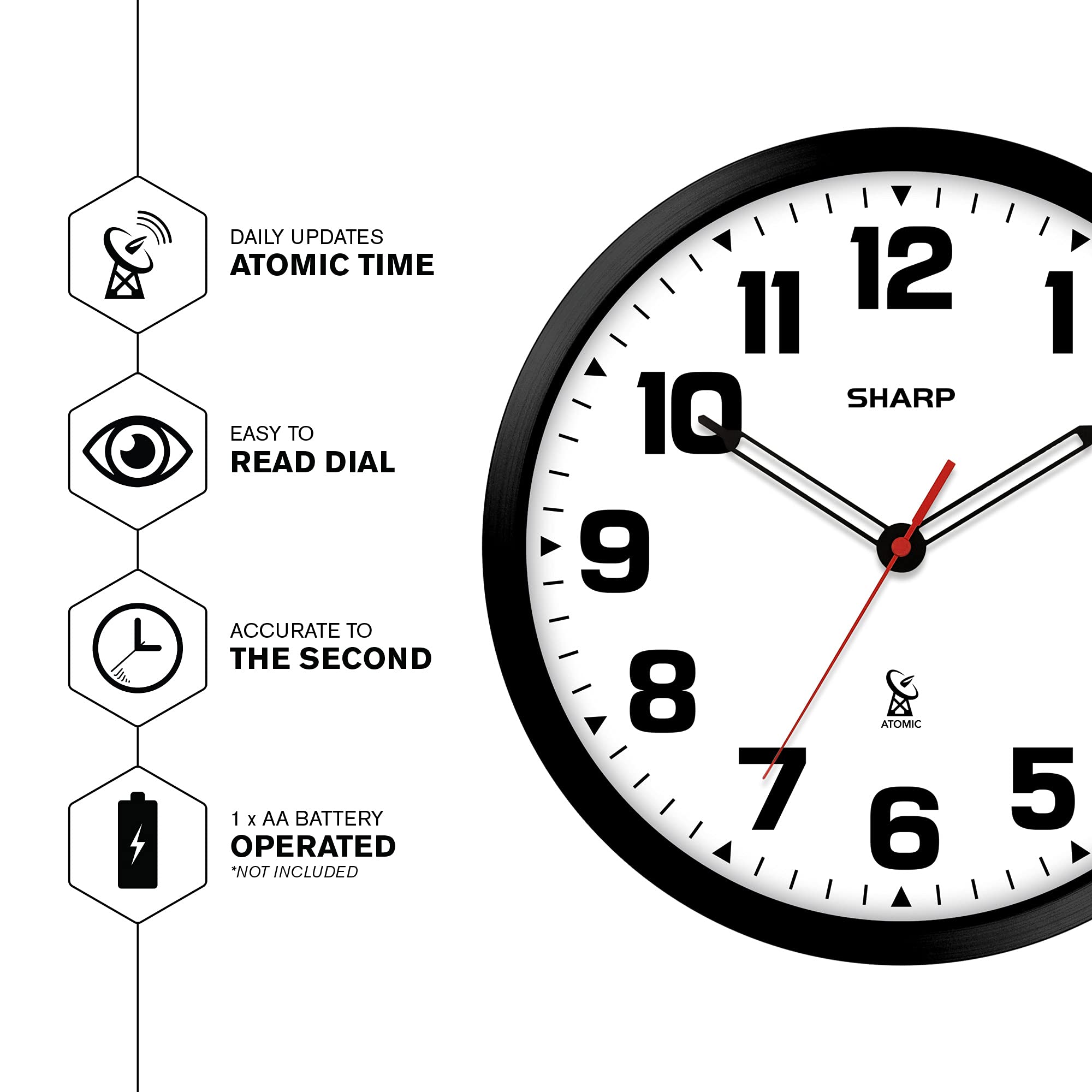 Sharp clock black frame detail highlighting durable modern finish