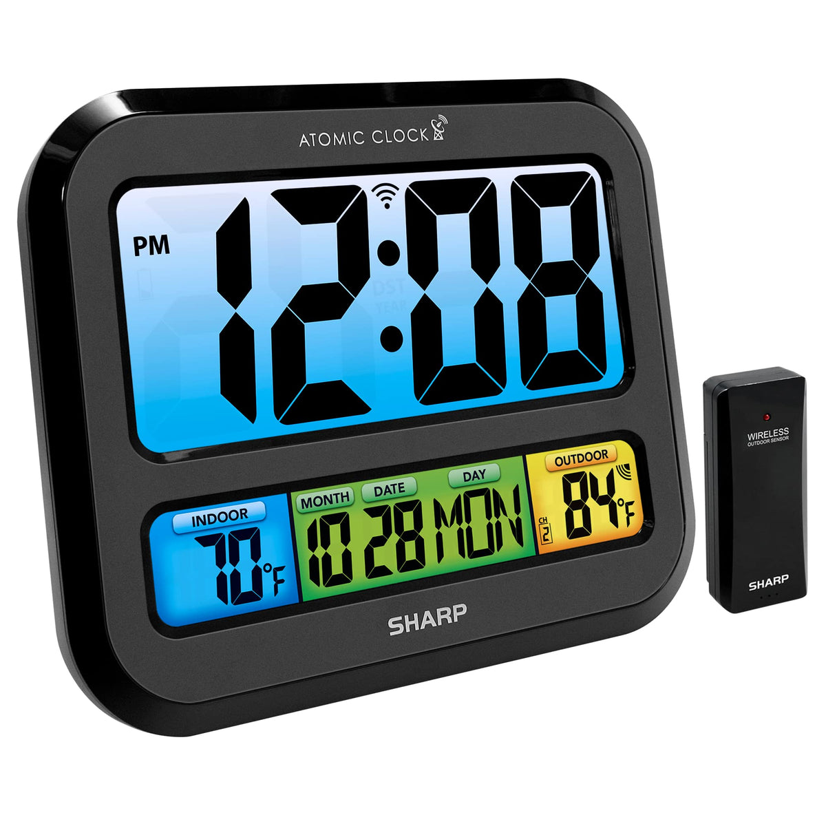 Sharp front display showing time and temperature for quick reference