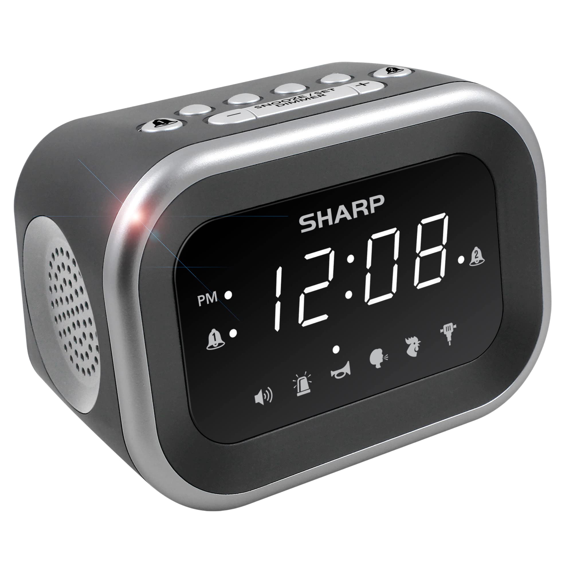 Sharp front display showing time and brightness settings for easy bedside viewing