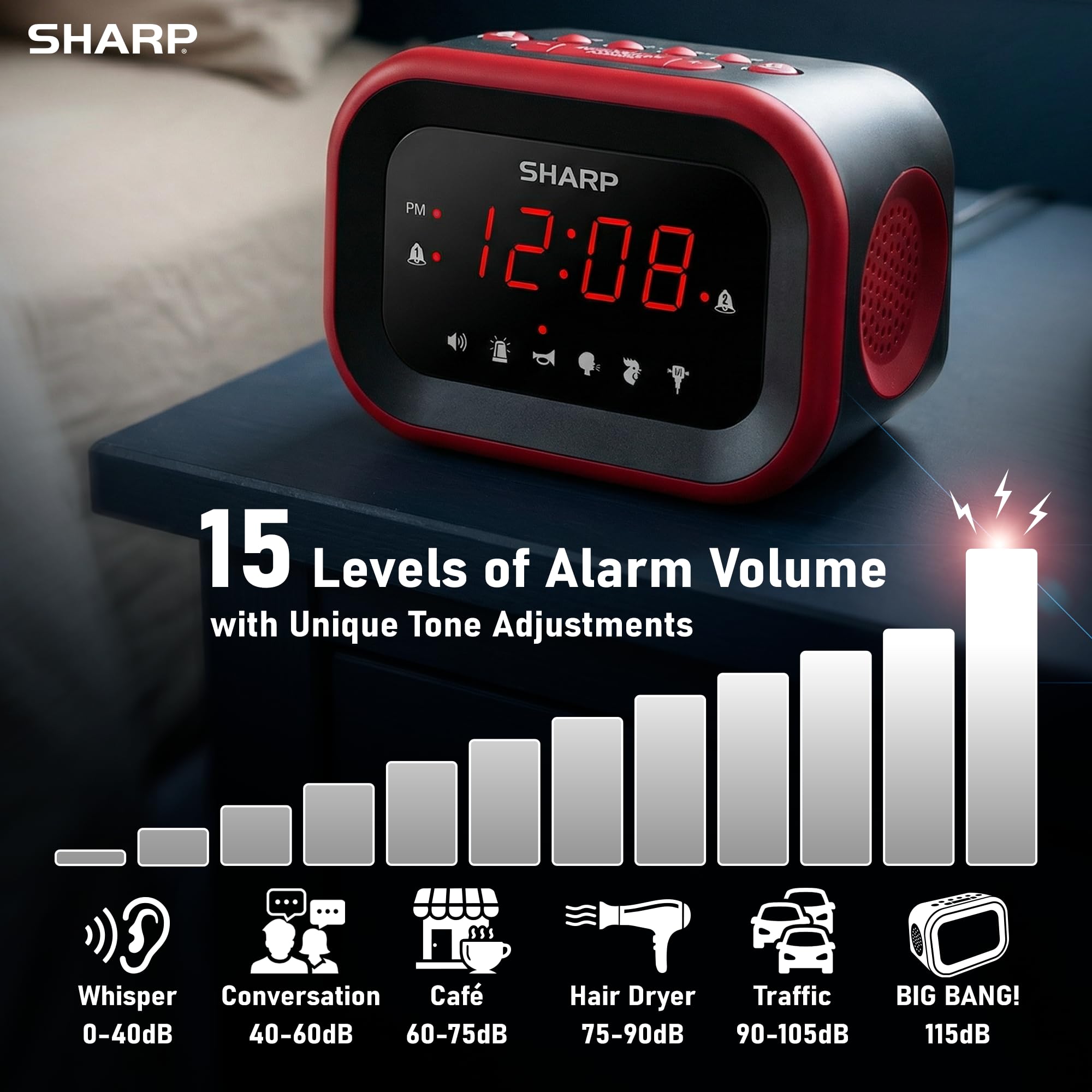 Sharp Big Bang side controls with labeled buttons for fast setup benefit