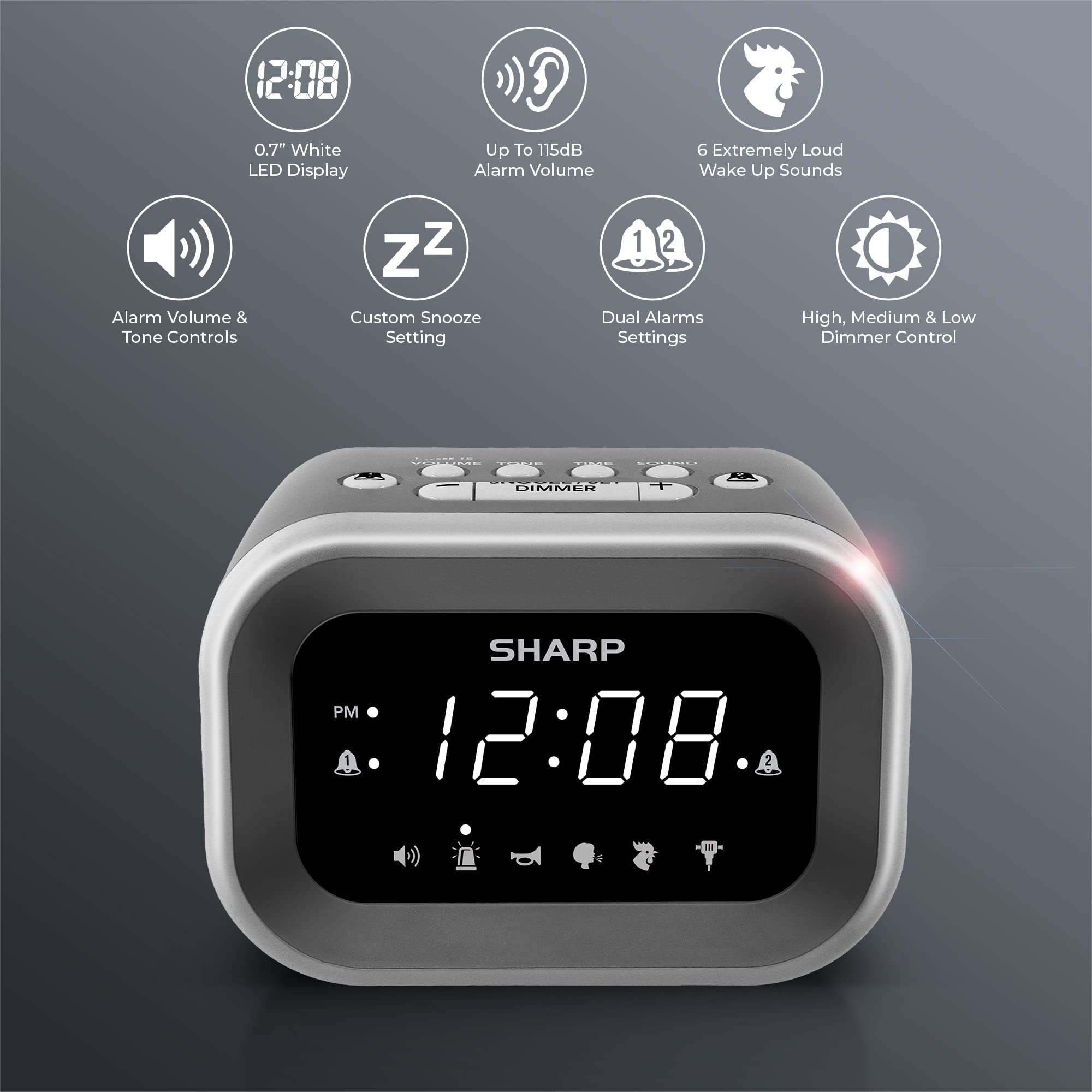 Sharp side controls with volume and tone dials for customizable wake sounds