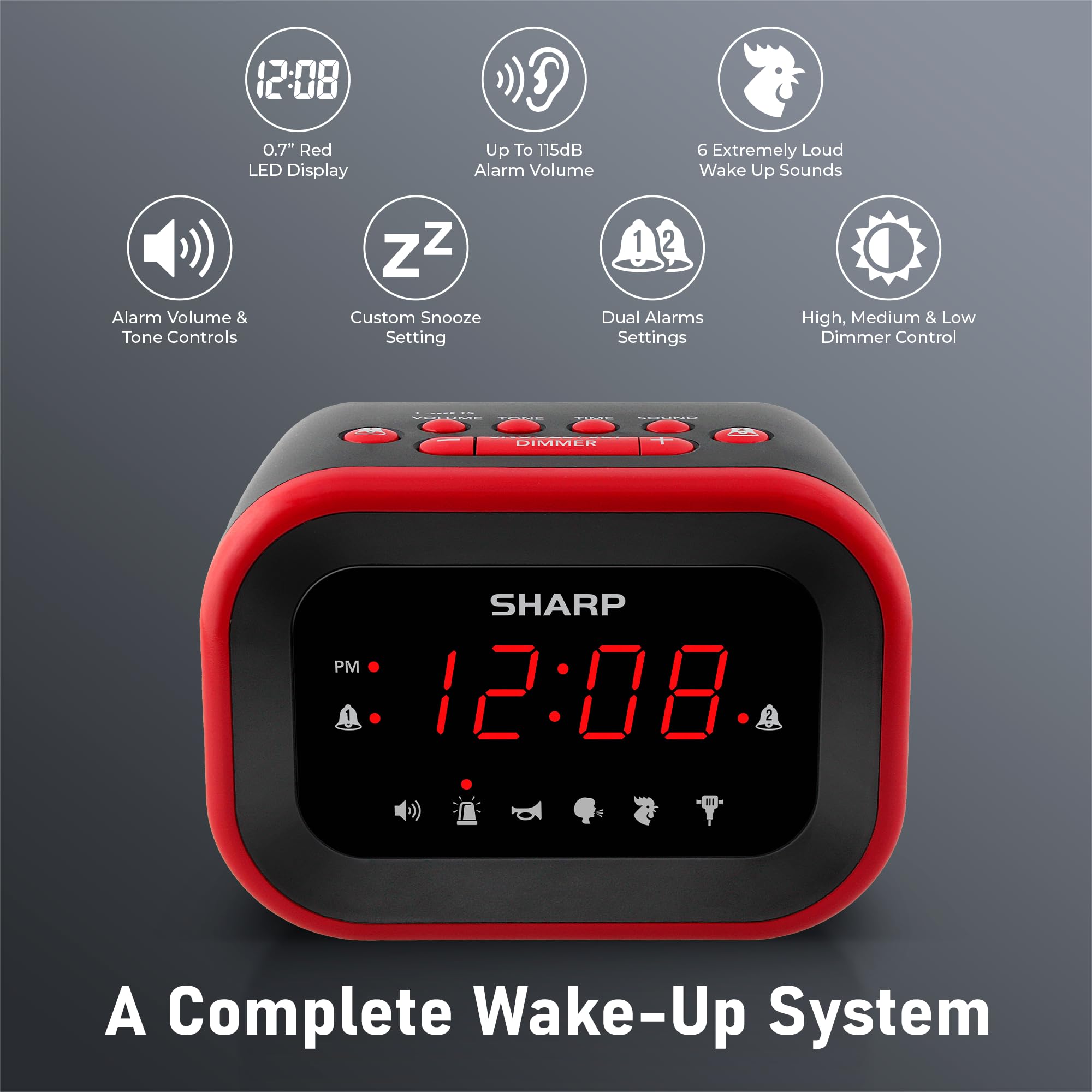 Sharp Big Bang close-up of alarm sound selector illustrating tone options benefit