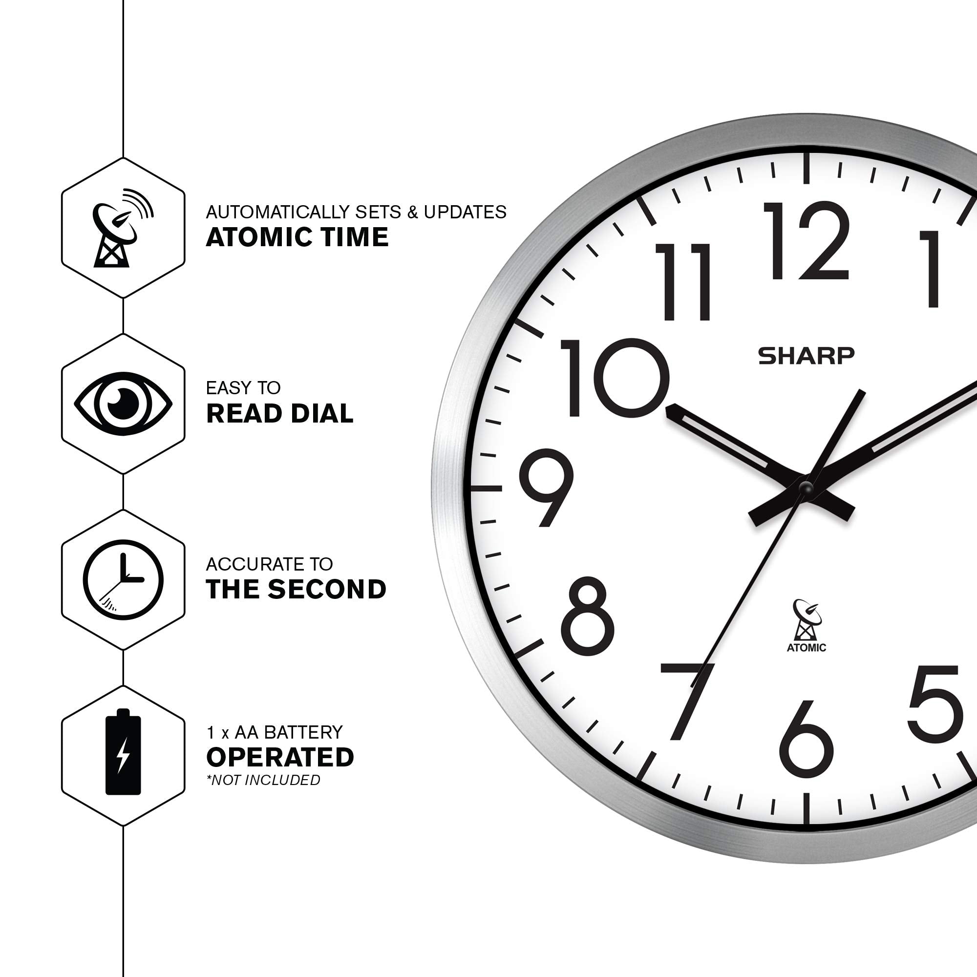 Sharp clock dial closeup with bold numerals for easy reading