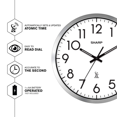 Sharp clock dial closeup with bold numerals for easy reading