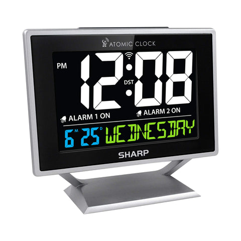 Sharp front color display showing time and calendar for clear bedside viewing