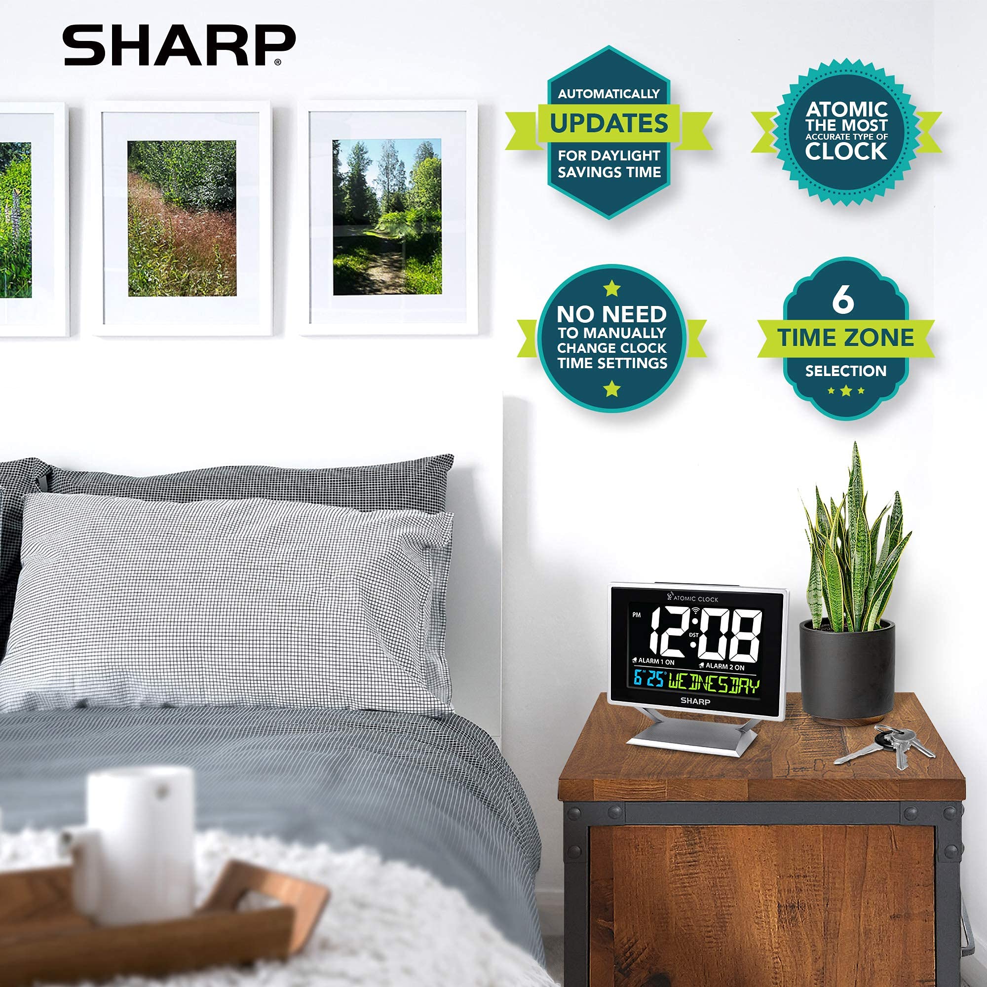 Sharp in bedroom setting demonstrating useful everyday alarm placement