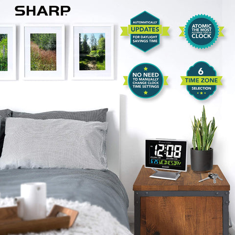 Sharp in bedroom setting demonstrating useful everyday alarm placement