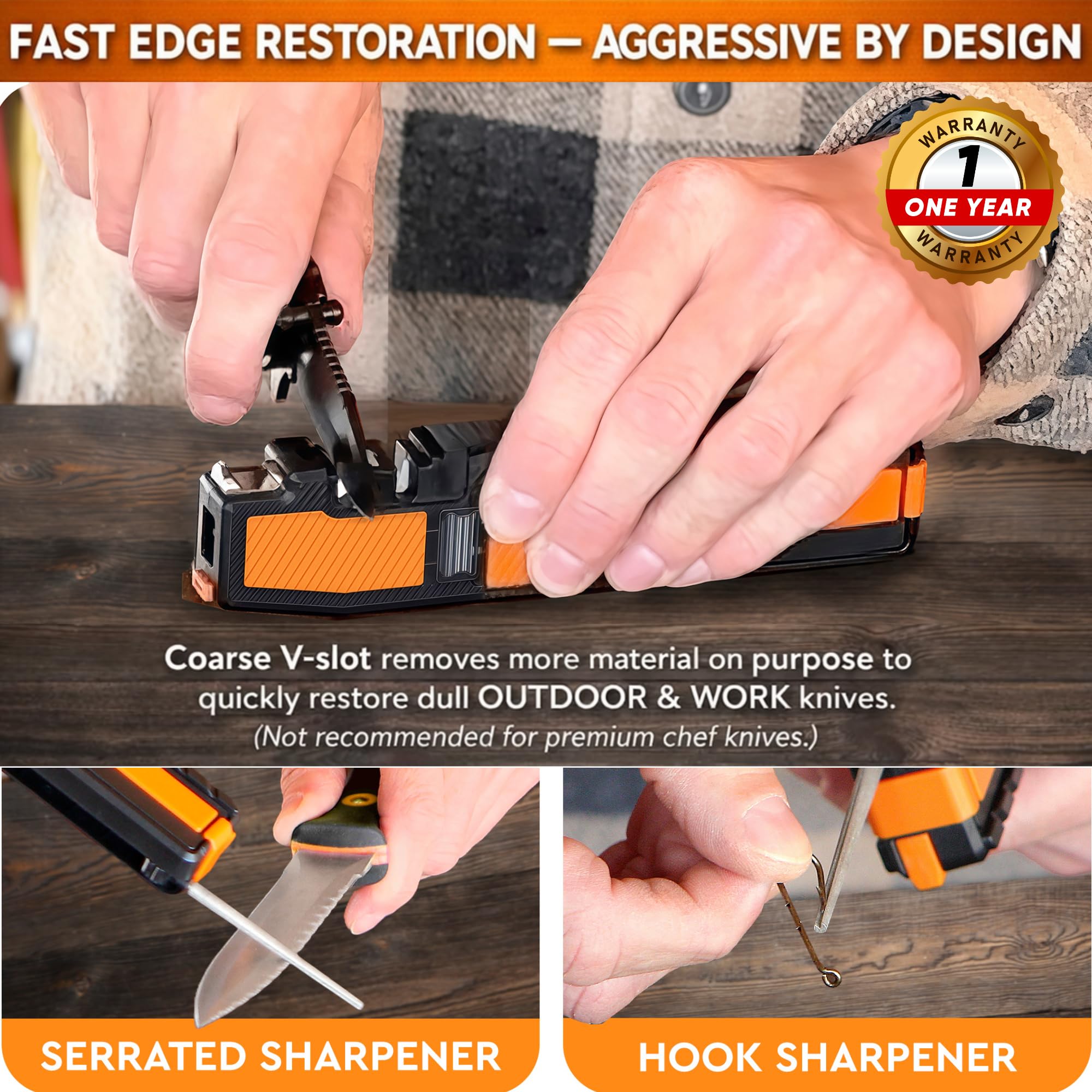 Sharp Pebble ceramic and carbide slots detail for quick honing and touch-ups
