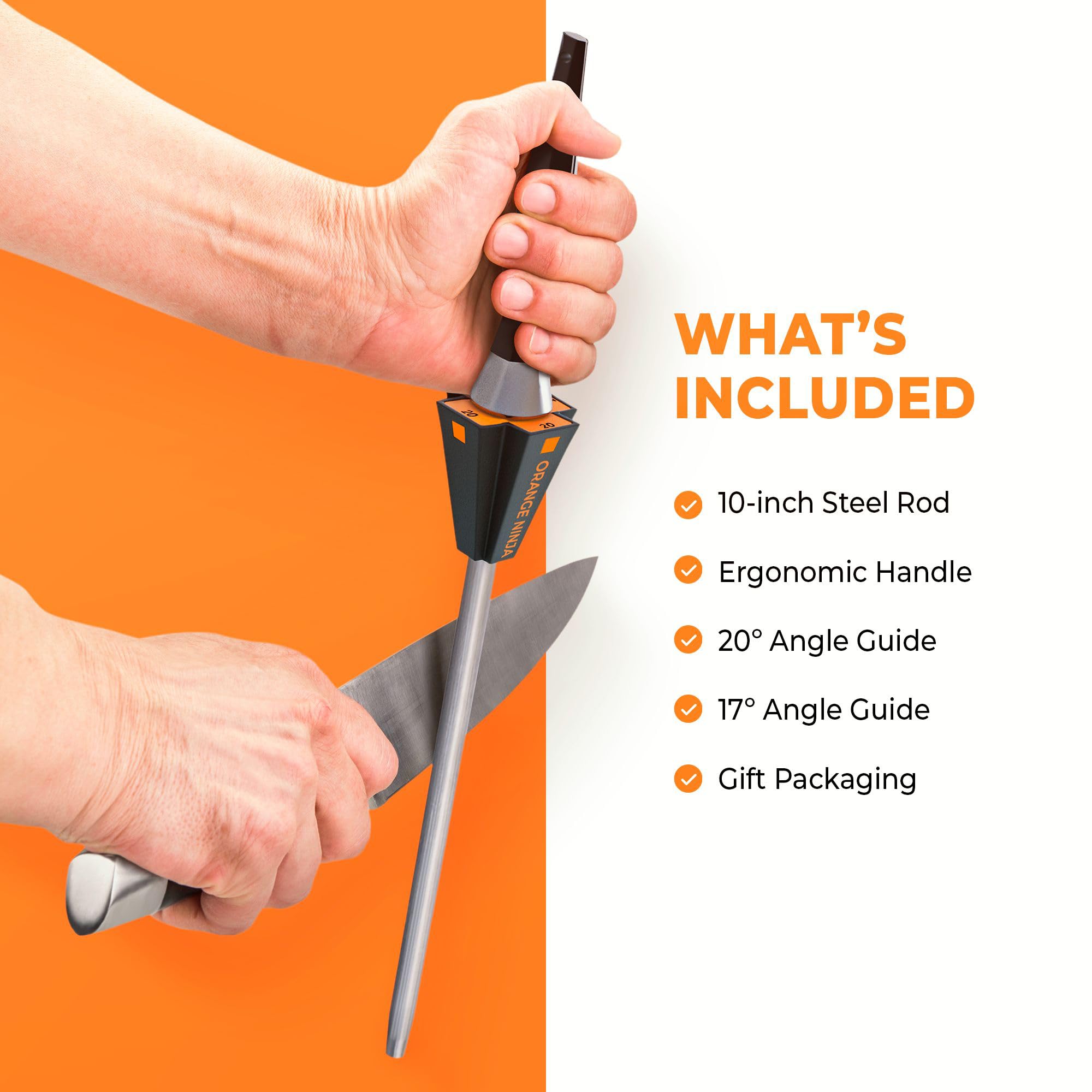 Sharp Pebble rod next to chef knife showing 10-inch scale for longer blades