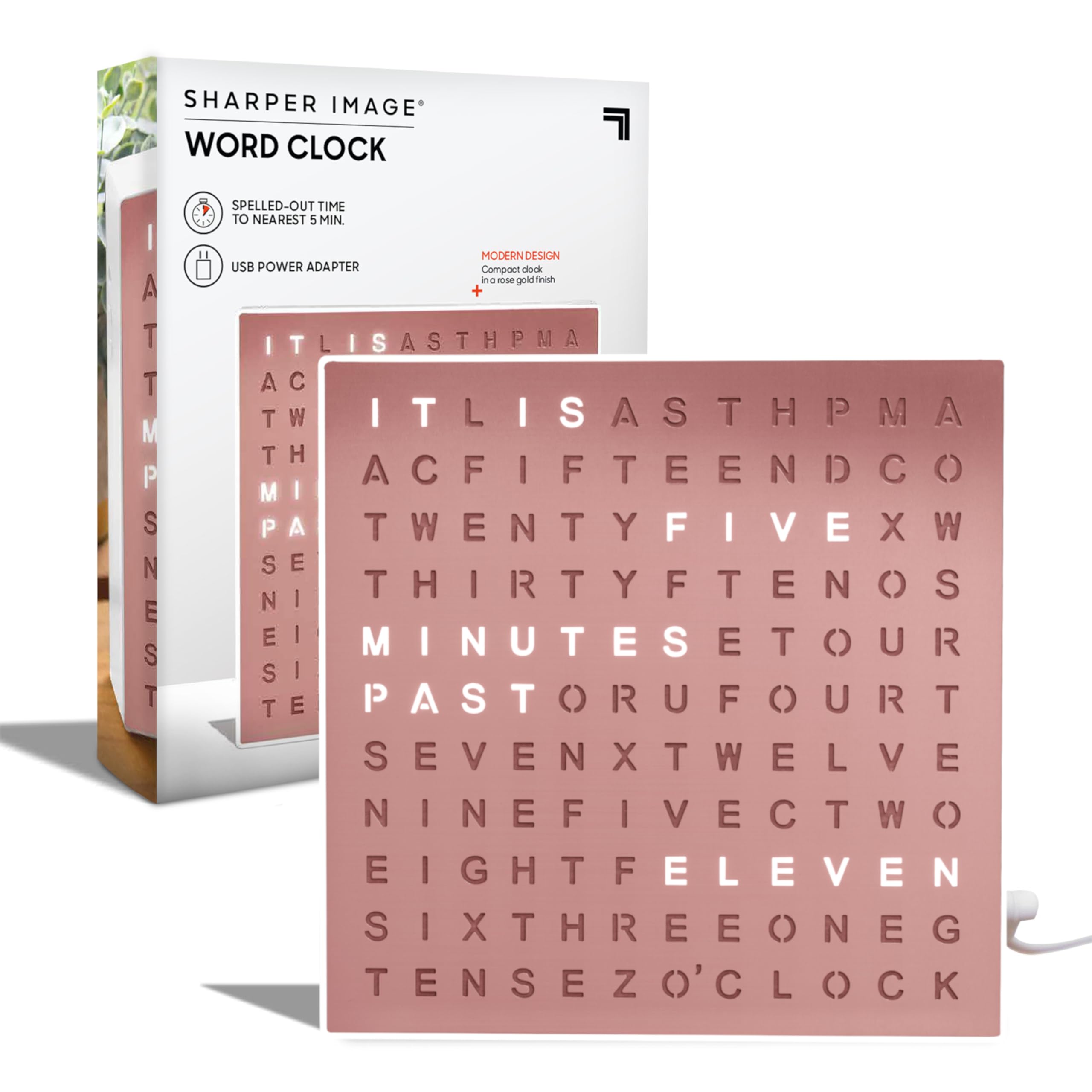 Sharper Image front face showing rose gold LED words for quick reading