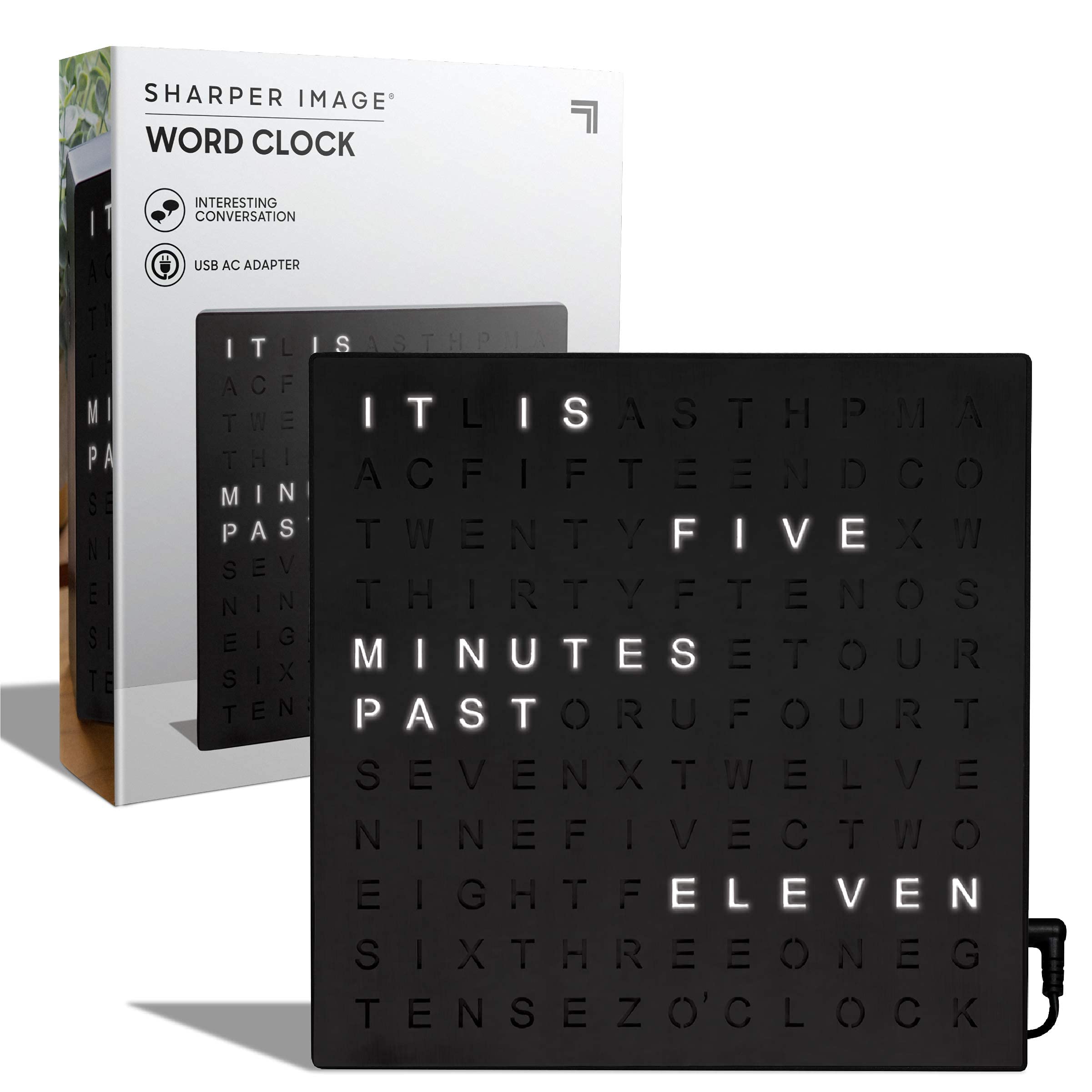 Sharper Image front view showing black LED word clock and clean modern look