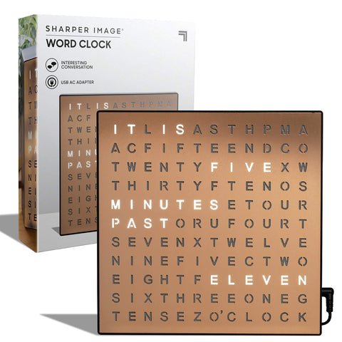Sharper Image front view showing word clock face and modern copper look, stylish accent