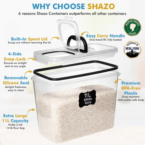 Shazo canisters organized on pantry shelf to maximize storage space