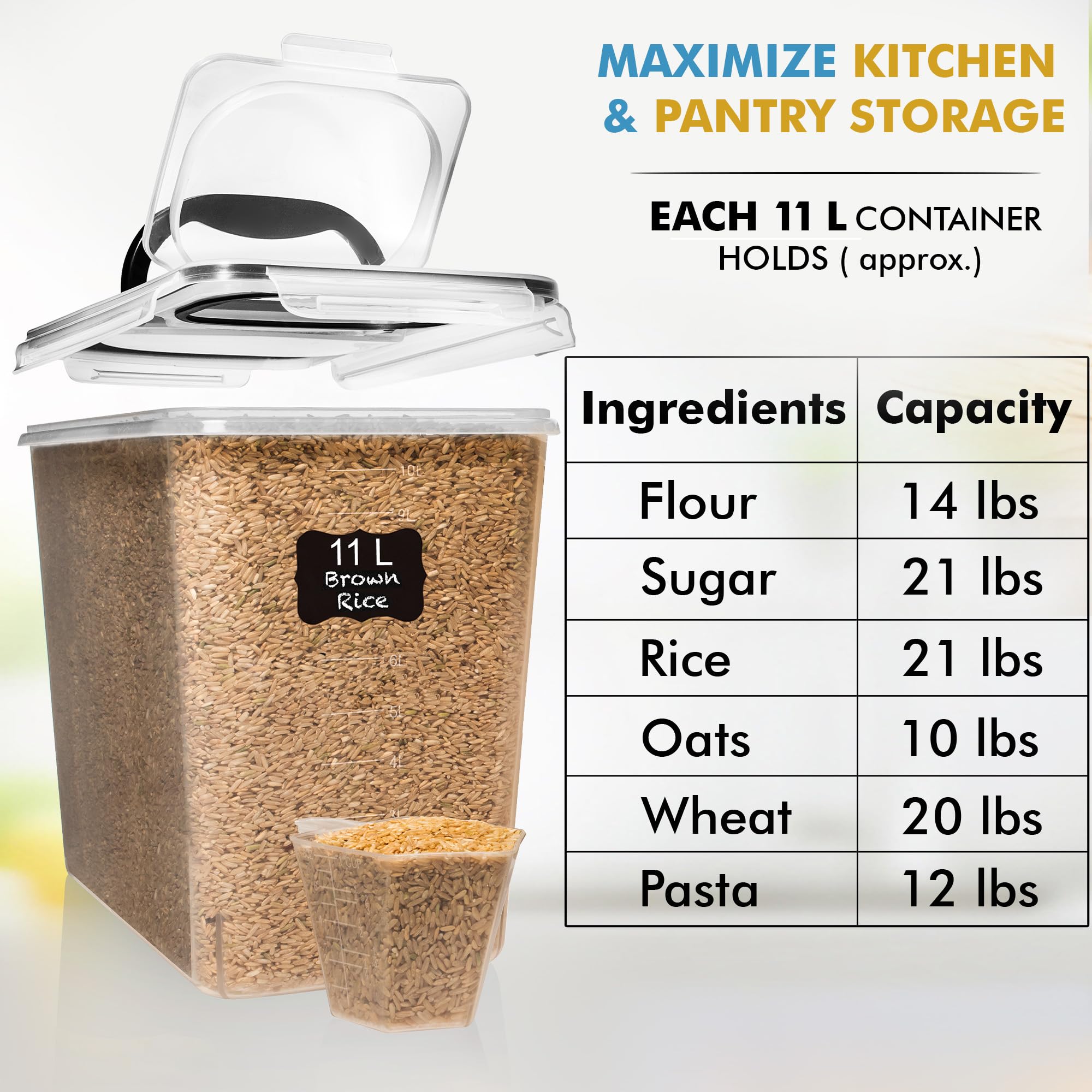 Shazo next to a 5kg flour bag to illustrate true 11L capacity
