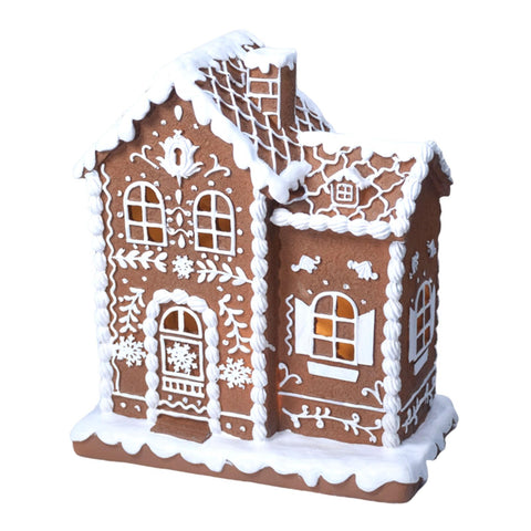 Sheaifun front view of gingerbread house showing warm festive presence