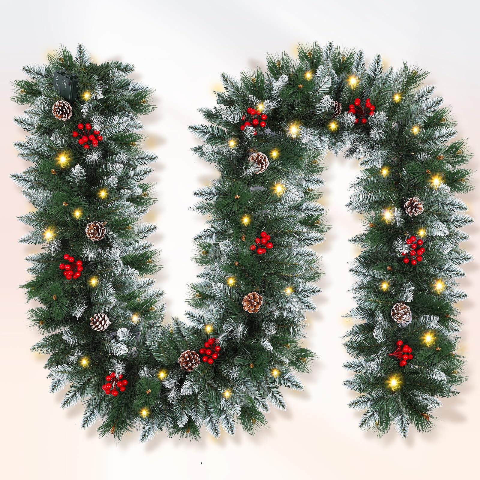 Shearly front view of 9ft garland showing full snow-frosted greenery and festive appeal