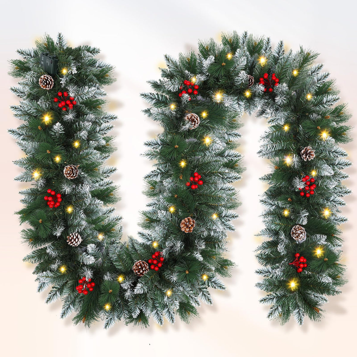 Shearly front view of 9ft garland showing full snow-frosted greenery and festive appeal