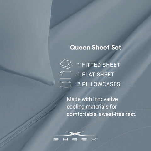 SHEEX styled bedroom with pewter sheets showing modern look and calming sleep environment