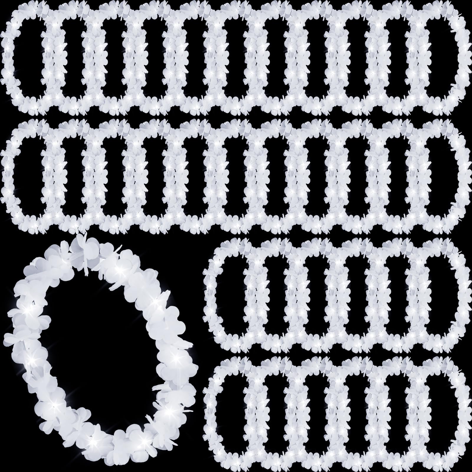 Sherr front view of white LED leis showing bulk set, highlights easy distribution