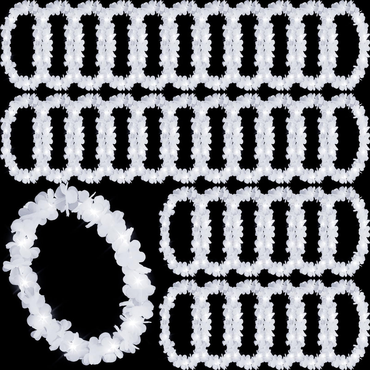 Sherr front view of white LED leis showing bulk set, highlights easy distribution