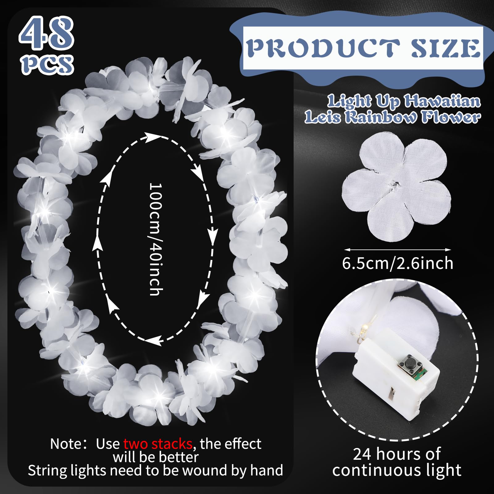 Sherr glowing leis at night, demonstrates vibrant LEDs enhancing party atmosphere