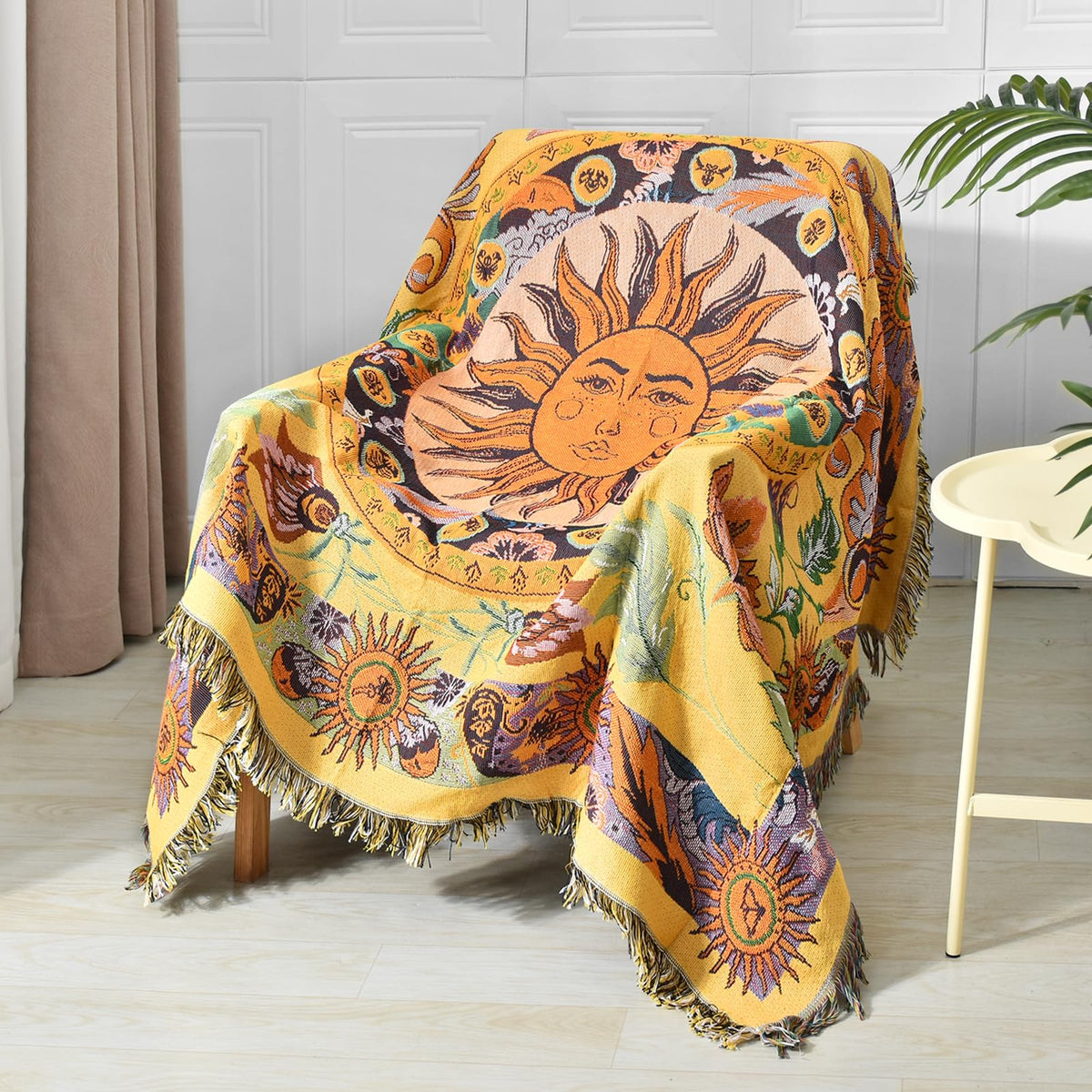 Shesyuki front view throw on bed showing decorative boho styling and cozy appeal
