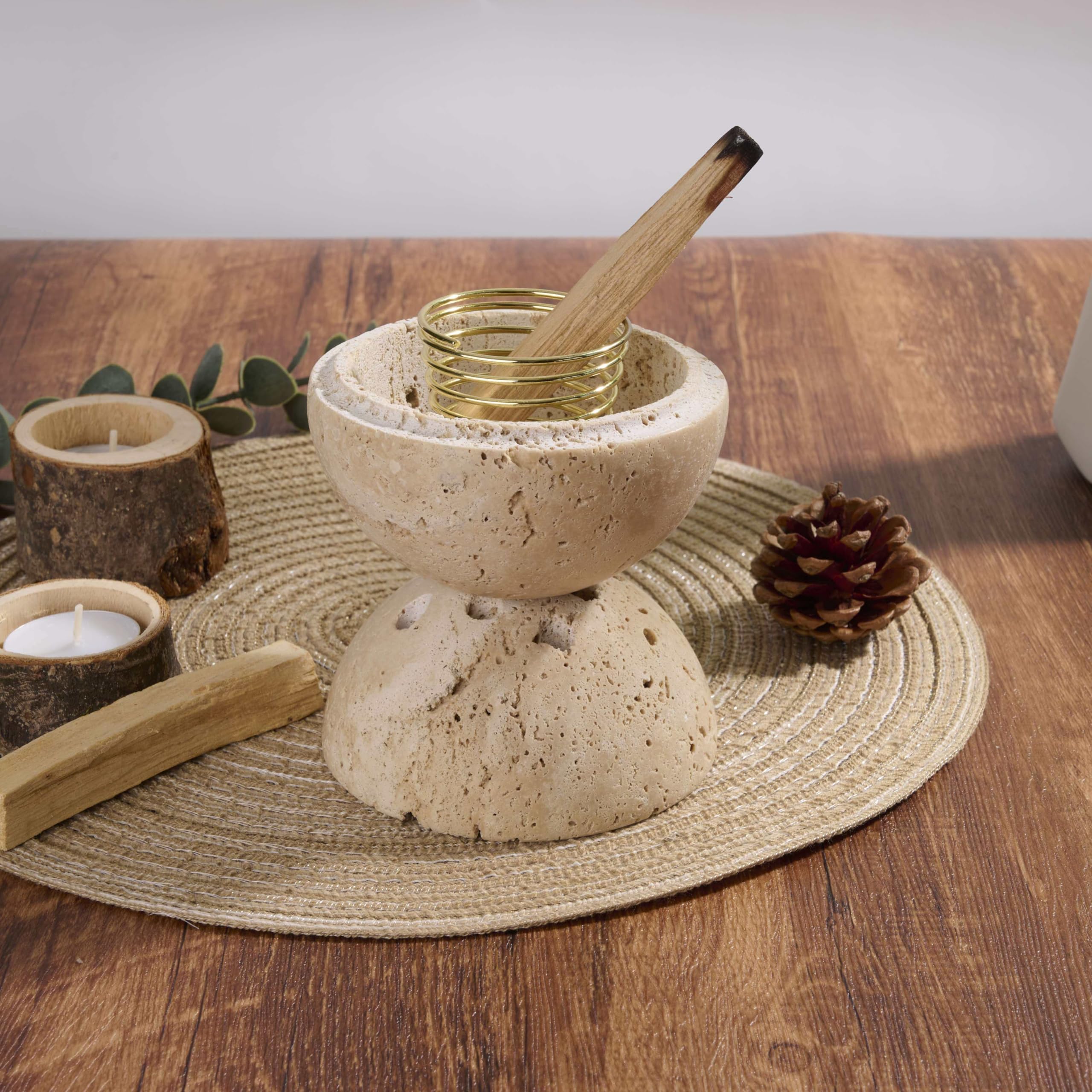 SHICANGSHIYE travertine bowl with resin burning illustrating clean ash containment
