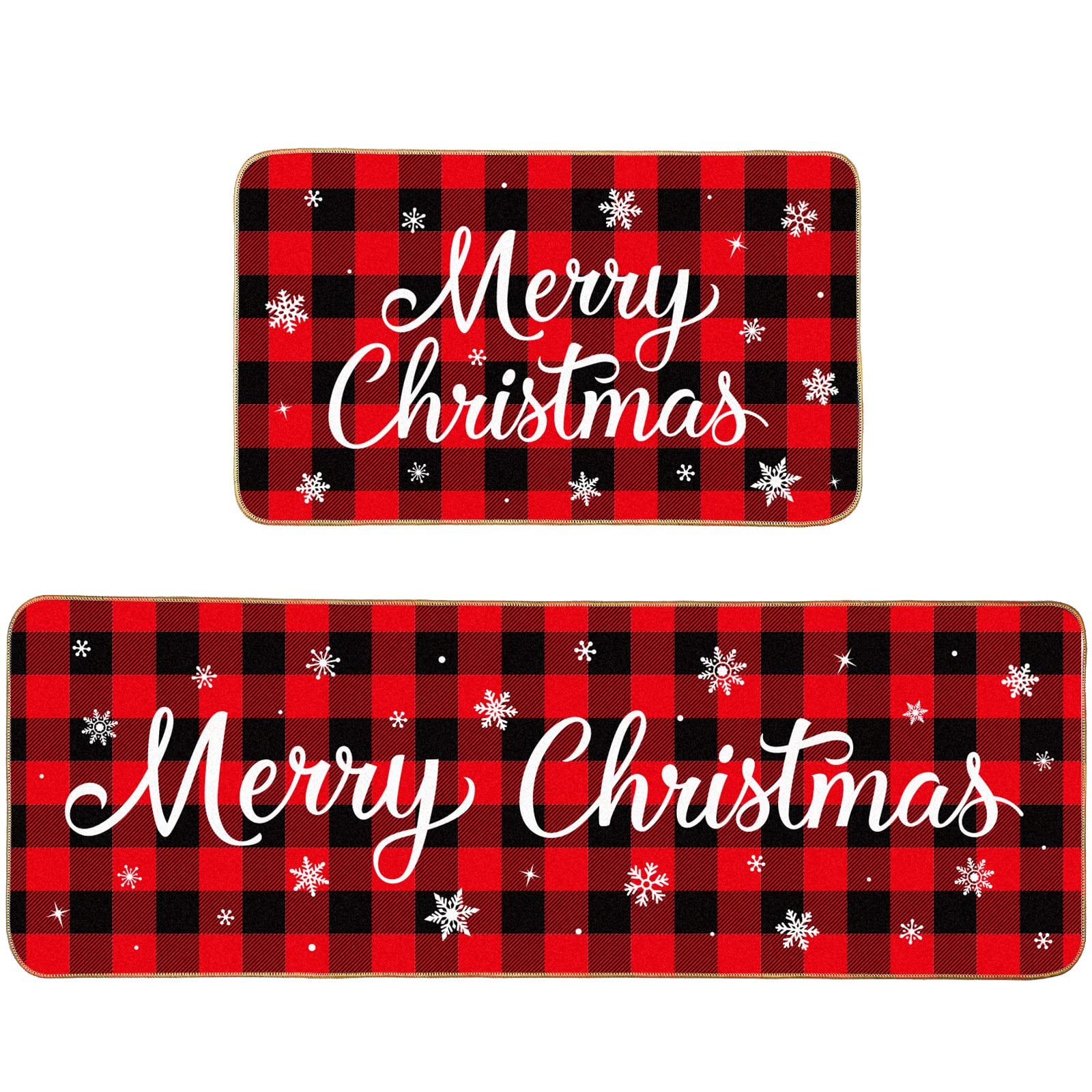 Shihanee front view of red buffalo plaid Christmas mat set showing Merry Christmas design