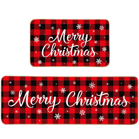 Shihanee front view of red buffalo plaid Christmas mat set showing Merry Christmas design