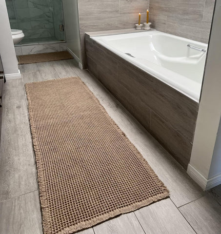 SHIMOH front view of brown waffle bath mat showing size and style benefit