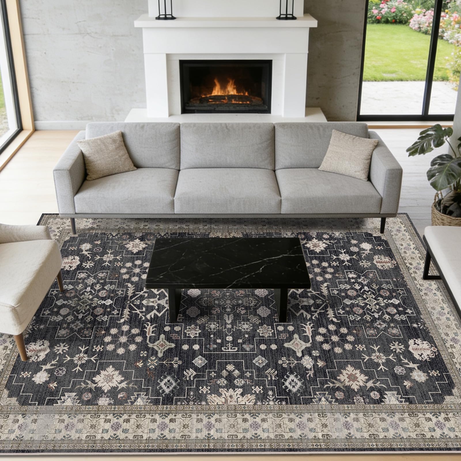 shinefly front view of 5x7 rug showing vintage botanical design and elegant tones