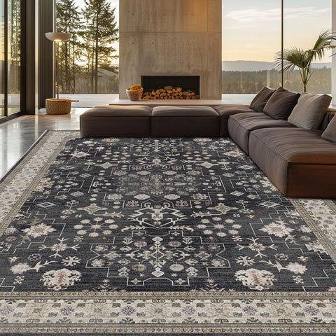 shinefly front view of 8x10 rug showing vintage botanical design and room impact