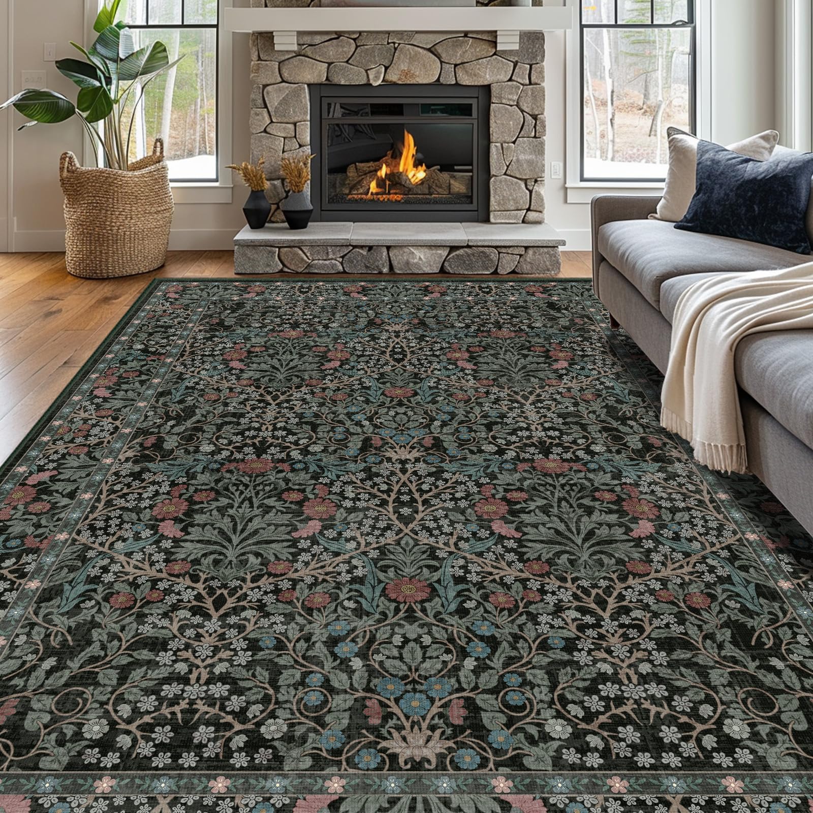 shinefly front view of 8x10 dark green rug shows balanced floral design and room anchor