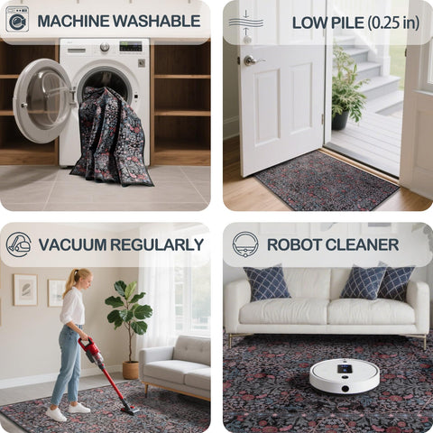 shinefly rug styled under dining table demonstrates stain resistance and chair compatibility