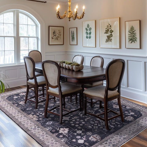shinefly rug under dining table illustrating durable surface and easy cleaning