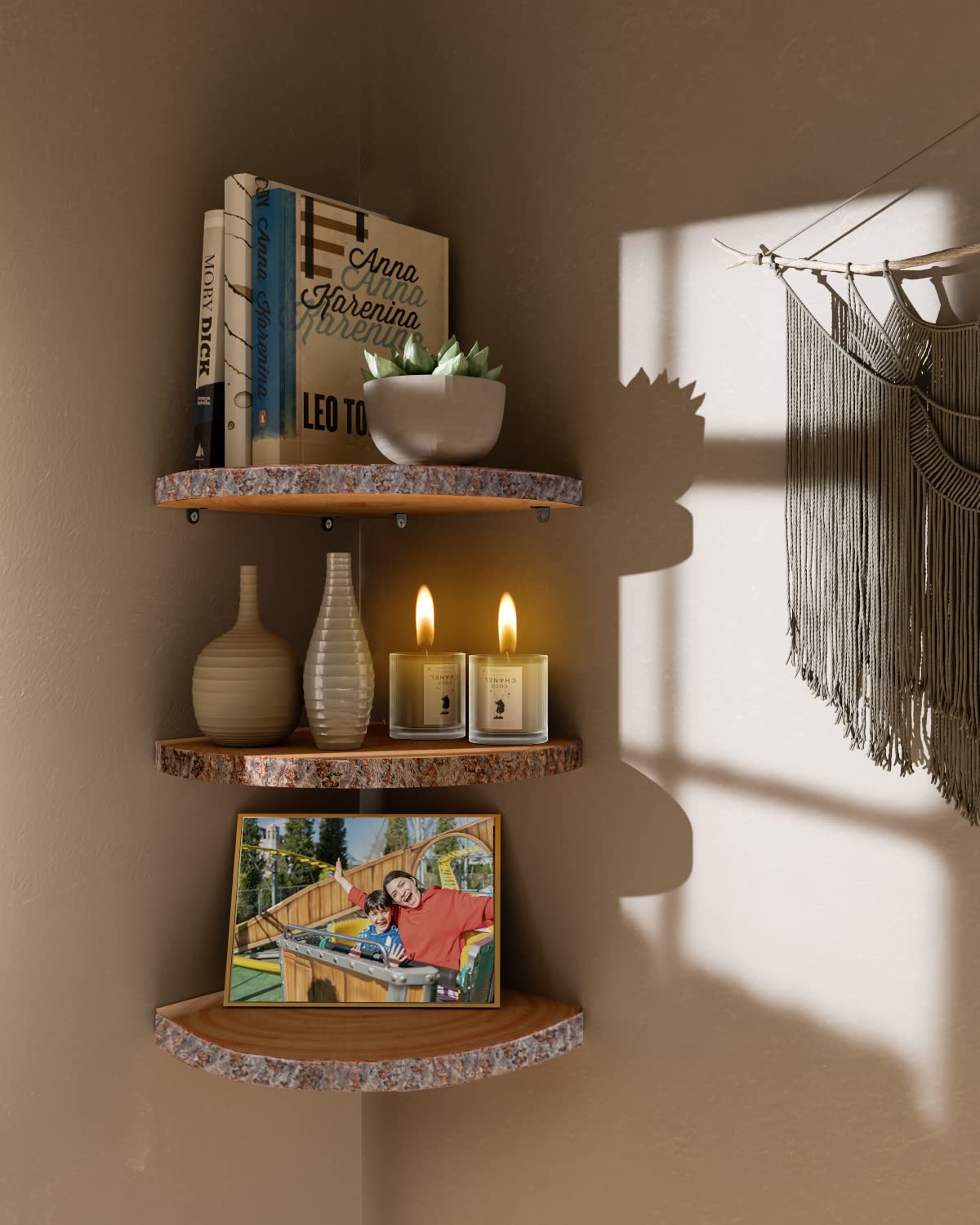 ShineZoom mounted corner shelves in bedroom demonstrating space saving and decorative appeal