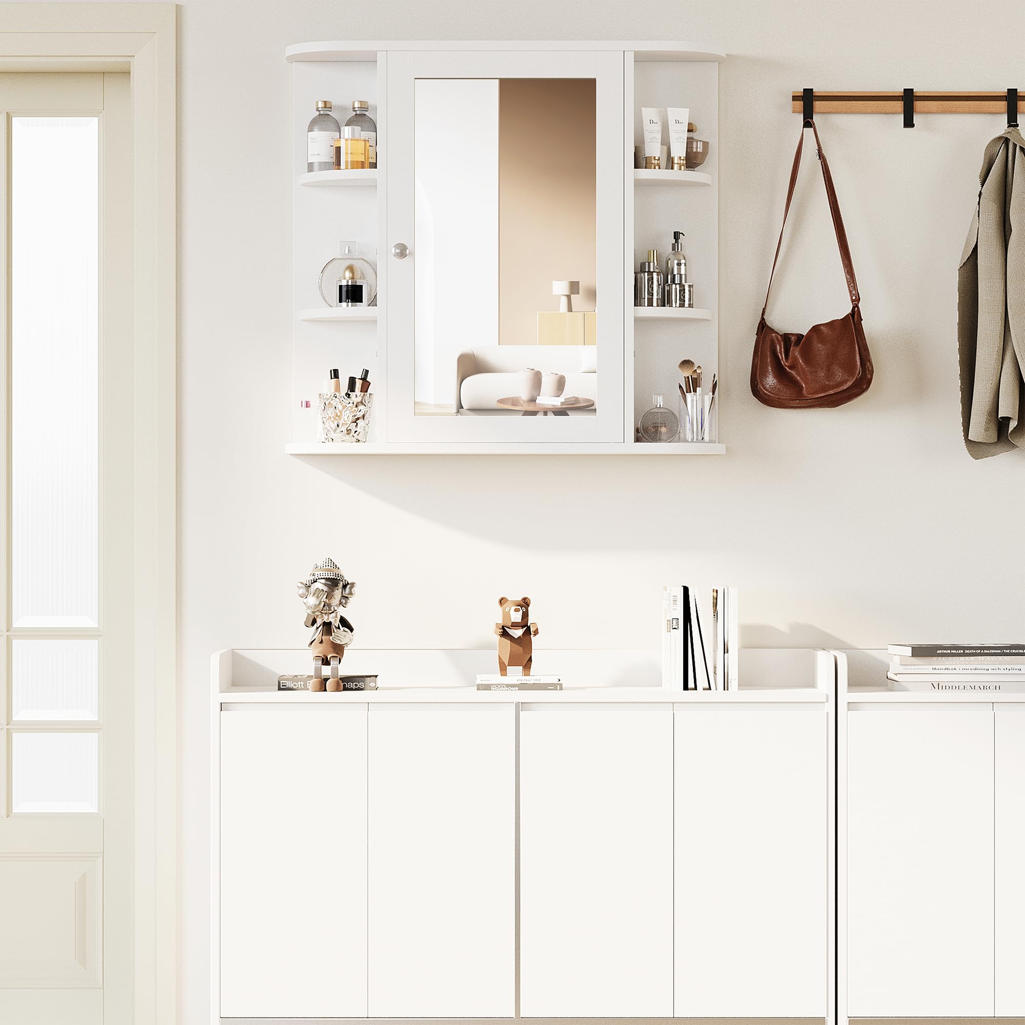 Shintenchi open door showing internal shelves for organized concealed toiletries