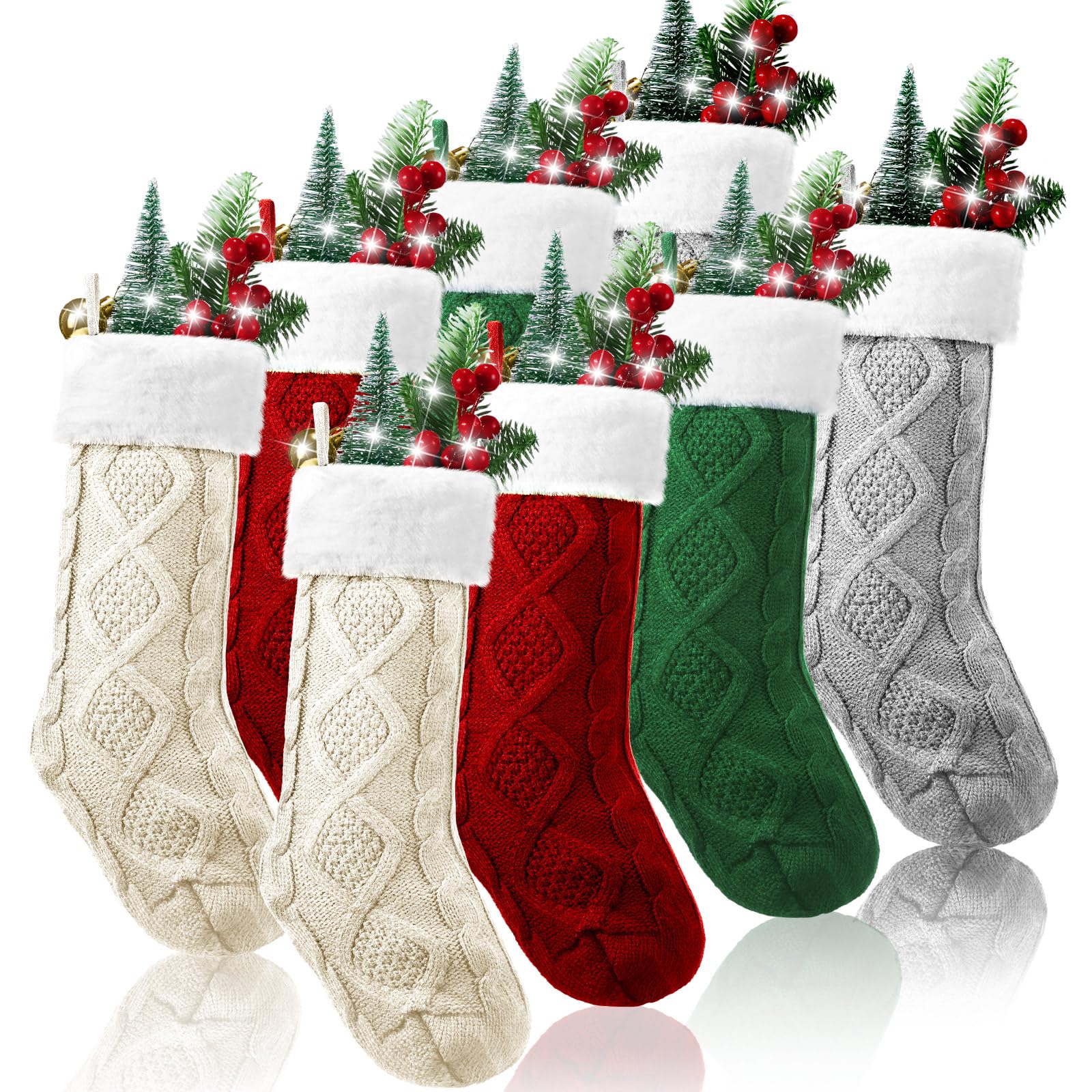 Shinymoon front view of eight stockings showing color set and neat finish benefits coordinated decor