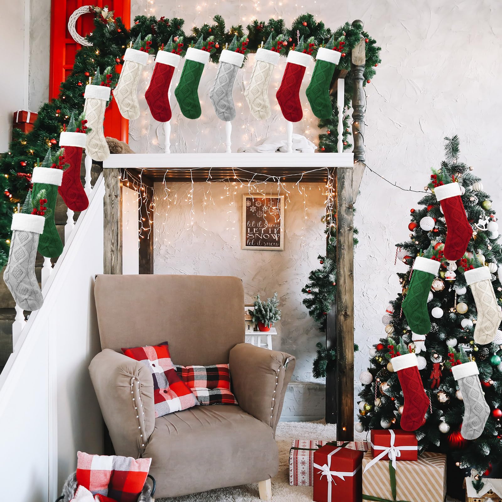 Shinymoon stockings hanging on a fireplace mantel offering instant holiday focal point