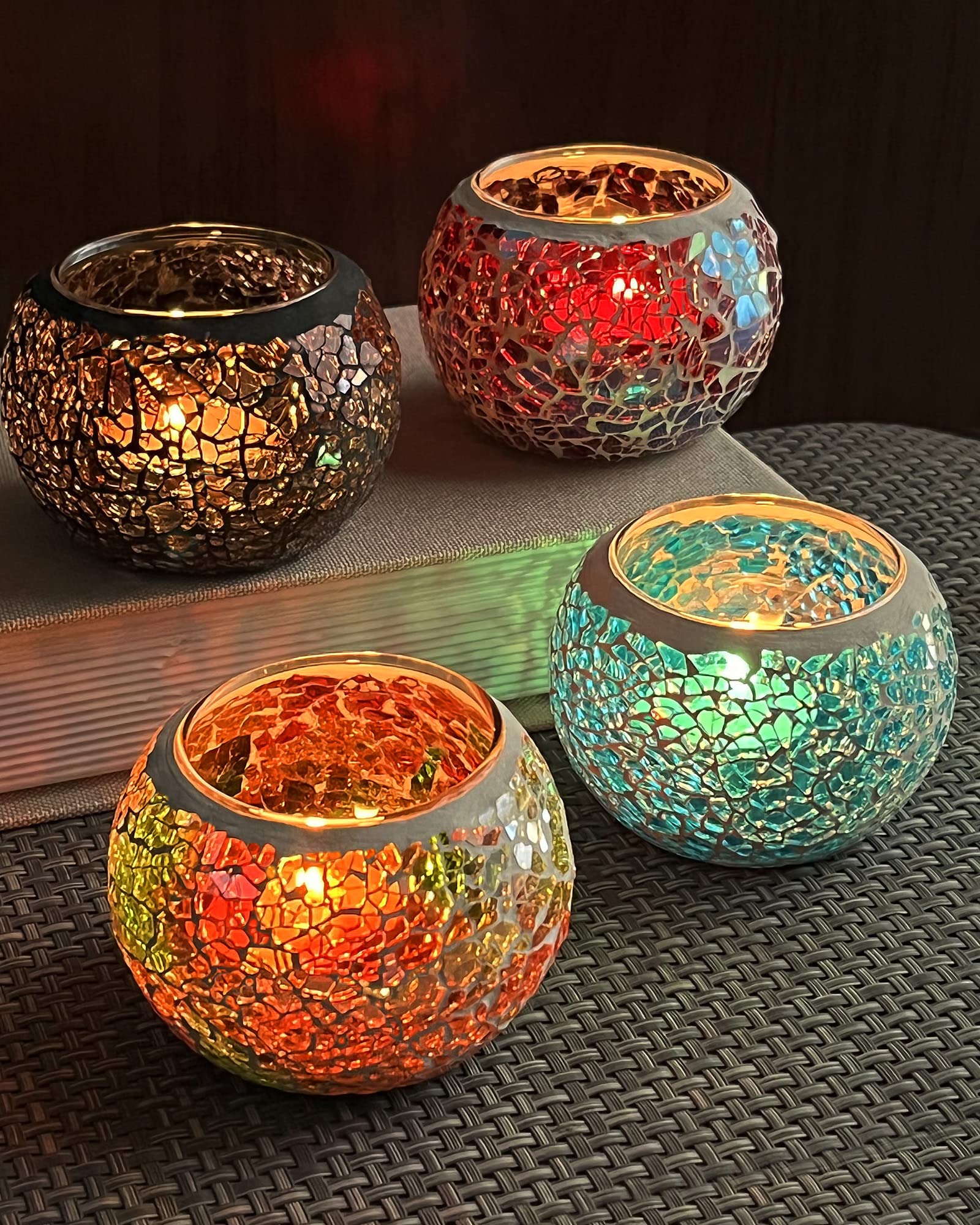 SHMILMH front view of four colorful mosaic votives showing all colors and packaging benefit