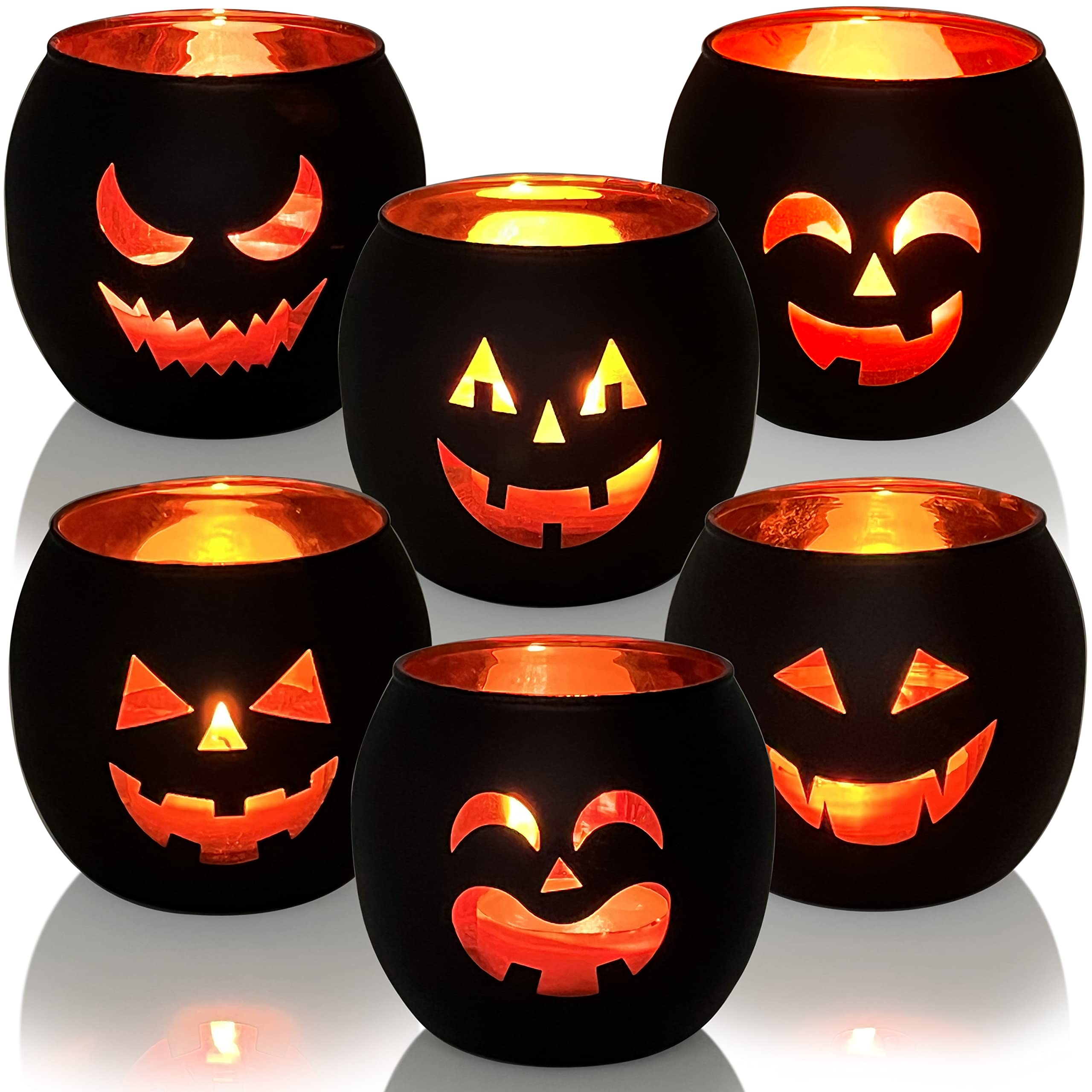 SHMILMH front view of six black glass jack-o'-lantern holders showing set packaging and variety