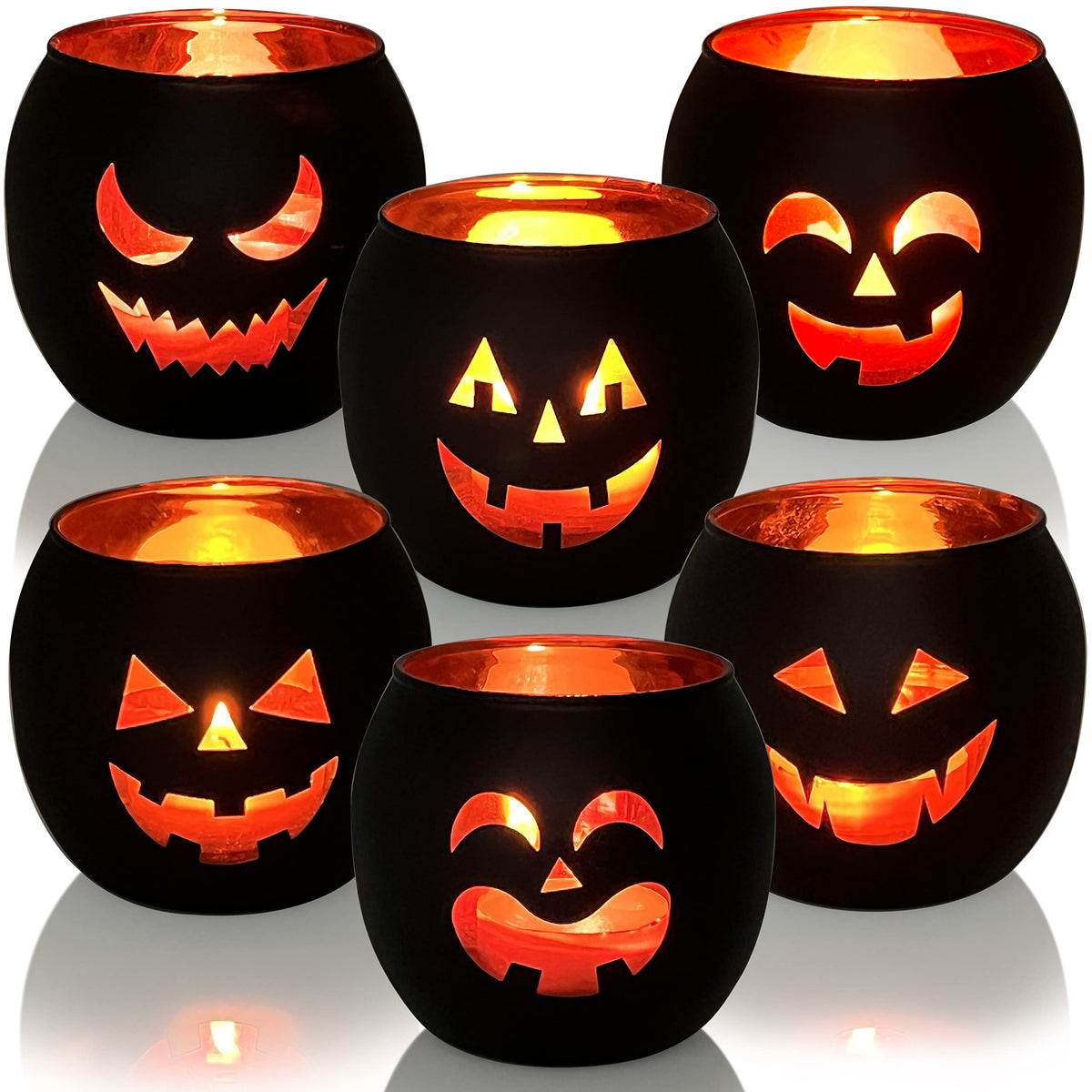 SHMILMH front view of six black glass jack-o'-lantern holders showing set packaging and variety