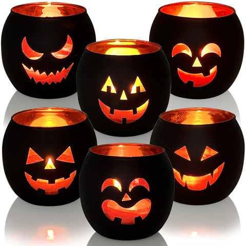 SHMILMH front view of six black glass jack-o'-lantern holders showing set packaging and variety