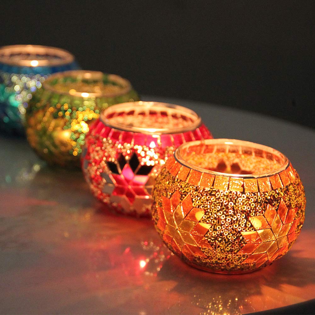 SHMILMH front view of four-color mosaic votive set showing vibrant packaging and colors